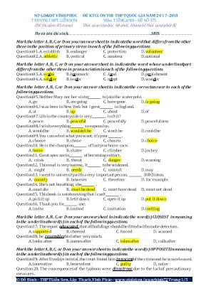 Đề kiểm tra chất lượng ôn thi THPT Quốc gia môn Tiếng Anh Lớp 12 - Năm học 2017-2018 - Đề số 375 (Có đáp án)