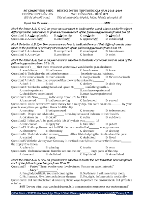 Đề kiểm tra chất lượng ôn thi THPT Quốc gia môn Tiếng Anh Lớp 12 - Năm học 2018-2019 - Đề số 074