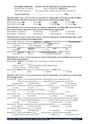 Đề kiểm tra chất lượng ôn thi THPT Quốc gia môn Tiếng Anh Lớp 12 - Năm học 2018-2019 - Đề số 076