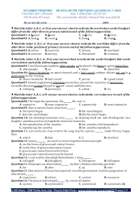 Đề kiểm tra chất lượng ôn thi THPT Quốc gia môn Tiếng Anh Lớp 12 - Năm học 2017-2018 - Đề số 355