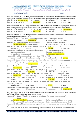 Đề kiểm tra chất lượng ôn thi THPT Quốc gia môn Tiếng Anh Lớp 12 - Năm học 2017-2018 - Đề số 374