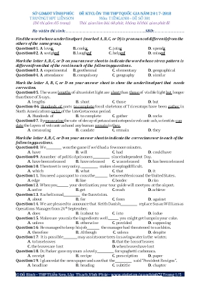 Đề kiểm tra chất lượng ôn thi THPT Quốc gia môn Tiếng Anh Lớp 12 - Năm học 2017-2018 - Đề số 301