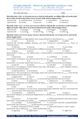 Đề kiểm tra chất lượng ôn thi THPT Quốc gia môn Tiếng Anh Lớp 12 - Năm học 2017-2018 - Đề số 209