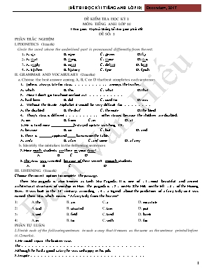 Đề kiểm tra học kỳ 1 môn Tiếng Anh Lớp 10 Năm 2017