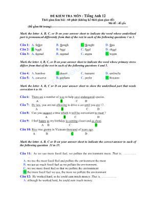 Đề kiểm tra môn Tiếng Anh 12 - Mã đề: gốc