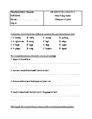 Đề kiểm tra tháng 9 môn Tiếng Anh 6 - Trường 