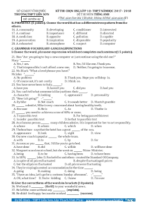 Đề luyện thi chọn học giỏi lớp 10 THPT môn Tiếng Anh - Năm học 2017-2018 - Đề luyện 02
