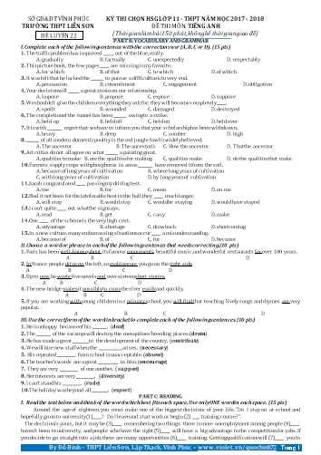 Đề luyện thi chọn học giỏi lớp 11 THPT môn Ti