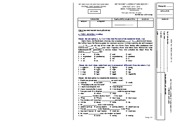 Đề thi chất lượng 8 tuần học kỳ I môn Tiếng Anh Lớp 10 - Năm học 2015-2016