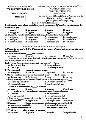 Đề thi chọn học sinh giỏi cấp trường môn Tiếng Anh Khối 10 THPT - Năm học 2014-2015