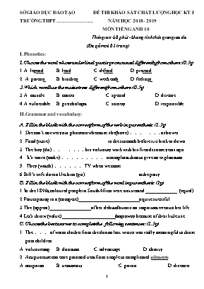 Đề thi khảo sát chất lượng học kỳ I môn Tiếng Anh 10 - Năm học 2018-2019