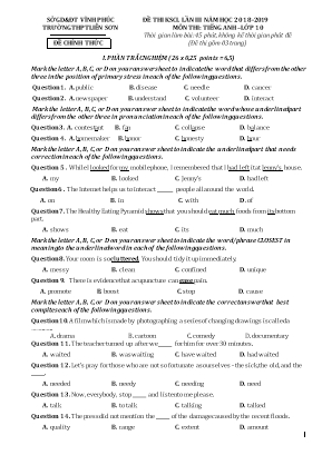 Đề thi khảo sát chất lượng lần 3 môn Tiếng Anh Lớp 10 - Năm học 2018-2019 - Đề 001 (Có đáp án)
