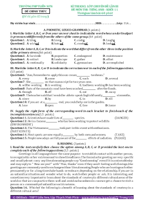 Đề thi khảo sát chất lượng lớp chuyên đề lần 3 môn Tiếng Anh Khối 11 - Đỗ Bình