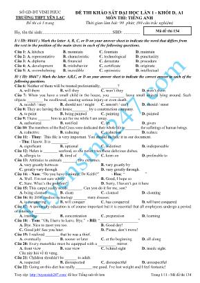 Đề thi khảo sát đại học lần 1 Khối D, A1 môn Tiếng Anh - Trường THPT Yên Lạc