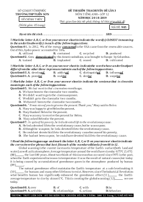 Đề thi kiểm tra chuyên đề lần 3 môn Tiếng Anh Lớp 12 - Năm học 2018-2019 - Mã đề: 905