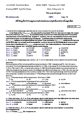 Đề thi THPT môn Tiếng Anh 10 - Năm học 2017-2018 - Trường THPT Ngô Thì Nhậm