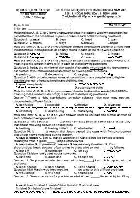 Đề thi THPT Quốc gia năm 2018 môn Tiếng Anh - Mã đề 423