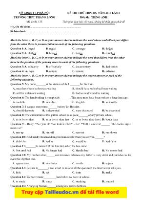 Đề thi thử THPT Quốc gia lần 1 môn Tiếng Anh 2019 - Trường THPT Thăng Long