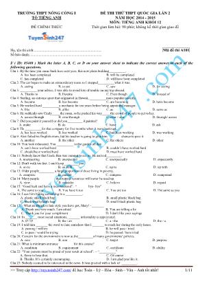 Đề thi thử THPT Quốc gia lần 2 môn Tiếng Anh Khối 12 - Năm học 2014-2015