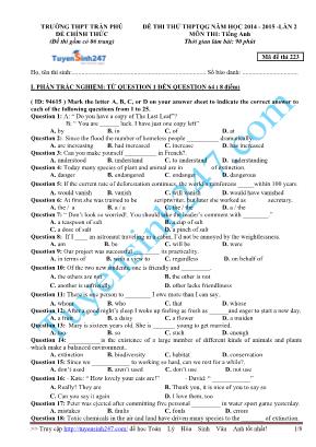 Đề thi thử THPT Quốc gia lần 2 môn Tiếng Anh - Năm học 2014-2015