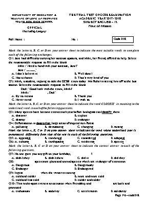 Đề thi thử THPT Quốc gia môn Tiếng Anh Lớp 12- Năm học 2017-2018 - Mã đề 018