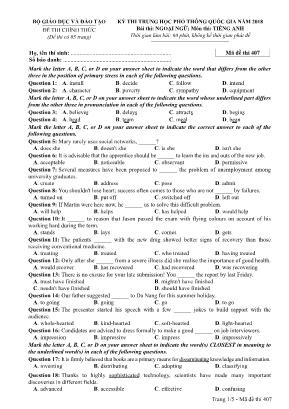 Đề thi Trung học Phổ thông Quốc gia năm 2018 môn Tiếng Anh - Mã đề 407