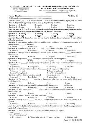Đề thi Trung học Phổ thông Quốc gia năm 2018 môn Tiếng Anh - Mã đề 421