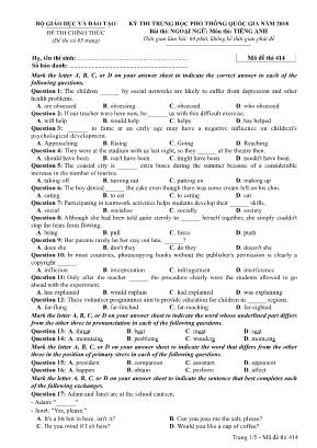 Đề thi Trung học Phổ thông Quốc gia năm 2018 môn Tiếng Anh - Mã đề 414