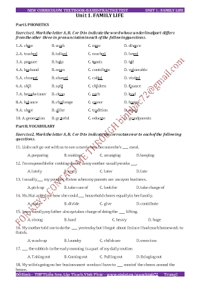 New curriculum textbased tests - Unit 1: Family life - Đỗ Bình