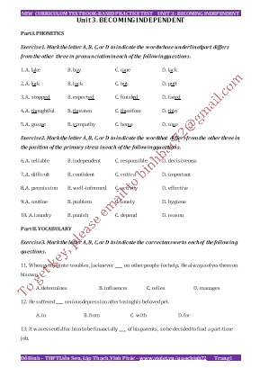 New curriculum textbased tests - Unit 3: Becoming Independent - Đỗ Bình