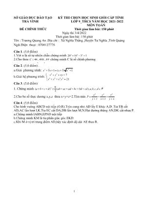 Đề thi chọn học sinh giỏi cấp tỉnh Lớp 9 THCS môn Toán - Năm học 2021-2022 - Sở Giáo dục và Đào tạo Trà Vinh