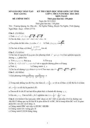 Đề thi chọn học sinh giỏi cấp tỉnh Lớp 9 THCS môn Toán - Năm học 2021-2022 - Sở Giáo dục và Đào tạo Hậu Giang