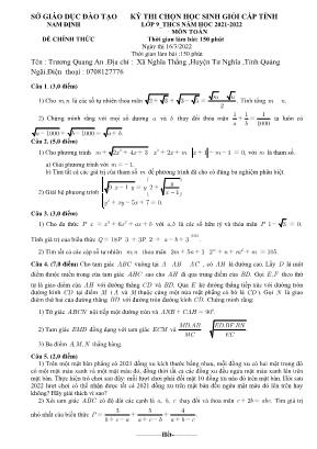 Đề thi chọn học sinh giỏi cấp tỉnh Lớp 9 THCS môn Toán - Năm học 2021-2022 - Sở Giáo dục và Đào tạo Nam Định
