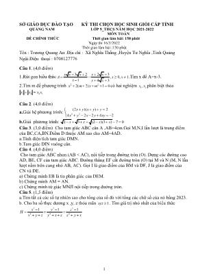 Đề thi chọn học sinh giỏi cấp tỉnh Lớp 9 THCS môn Toán - Năm học 2021-2022 - Sở Giáo dục và Đào tạo Quảng Nam