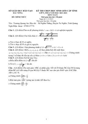 Đề thi chọn học sinh giỏi cấp tỉnh Lớp 9 THCS môn Toán - Năm học 2021-2022 - Sở Giáo dục và Đào tạo Đắc Nông