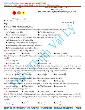 Đề kiểm tra cuối kì học kì II môn Vật lý 12 - Đề số 1 - Nguyễn Thanh Thịnh