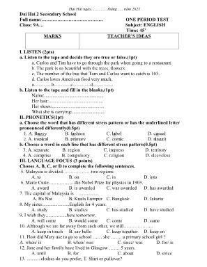 Đề kiểm tra 1 tiết môn Tiếng Anh Lớp 9 - Năm 
