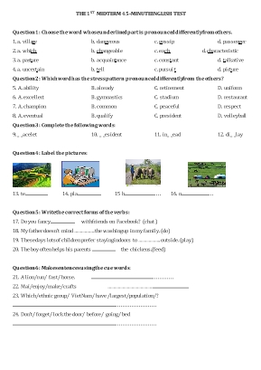 Đề kiểm tra giữa kỳ I môn Tiếng Anh Lớp 8 (Sách thí điểm) - Đề 3