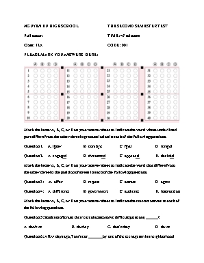 Đề kiểm tra học kỳ II môn Tiếng Anh Lớp 12 (Sách thí điểm) - Mã đề 001 - Trường THPT Nguyễn Du