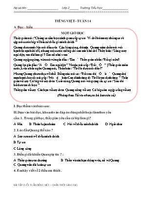 Phiếu bài tập cuối tuần môn Tiếng Việt Lớp 2 (Sách Chân trời sáng tạo) - Tuần 14