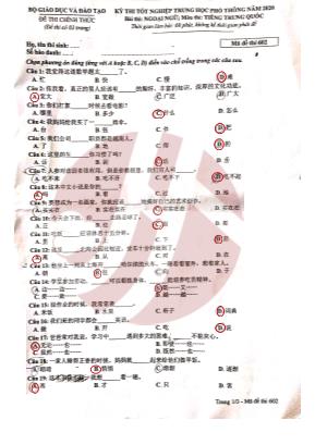Đề thi tốt nghiệp Trung học phổ thông năm 2020 môn Tiếng Trung Quốc - Mã đề thi 602 (Có đáp án)