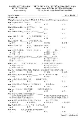 Đề thi Trung học phổ thông quốc gia năm 2018 môn Tiếng Trung Quốc - Mã đề thi 606 (Kèm đáp án)