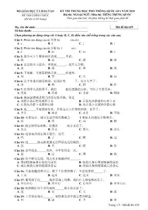 Đề thi Trung học phổ thông quốc gia năm 2018 môn Tiếng Trung Quốc - Mã đề thi 619 (Kèm đáp án)