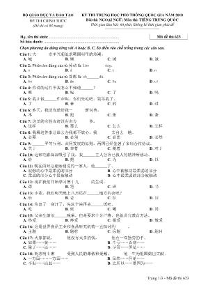 Đề thi Trung học phổ thông quốc gia năm 2018 môn Tiếng Trung Quốc - Mã đề thi 623 (Kèm đáp án)