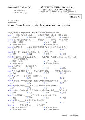 Đề thi tuyển sinh Đại học năm 2013 môn Tiếng Trung Quốc Khối D - Mã đề thi 963 (Kèm đáp án)