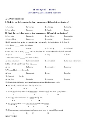 Bộ 5 đề thi học kì 1 môn Tiếng Anh Lớp 6 Sách Global Success (Có đáp án)