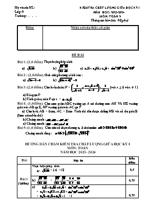 Đề kiểm tra chất lượng giữa học kỳ I môn Toán Lớp 9 (Kết nối tri thức và cuộc sống) - Năm học 2023-2024 (Có đáp án)