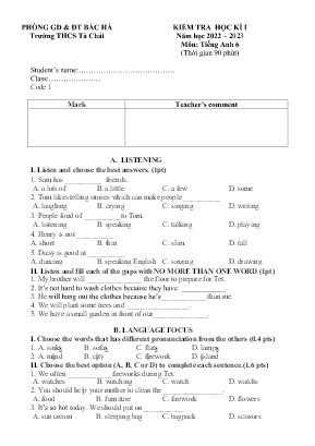 2 Đề kiểm học kì I Tiếng Anh 6 - Năm học 2022