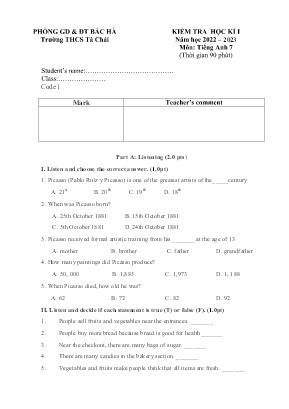 2 Đề kiểm học kì I Tiếng Anh 7 - Năm học 2022
