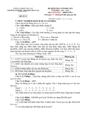 2 Đề kiểm tra cuối học kì I Sinh học 9 - Năm 